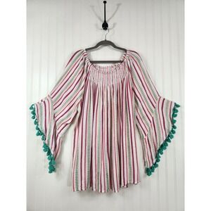Studio West Boho‎ Tassel Pom Pom White Striped Smocked Bell Sleeve Tunic Top XXL